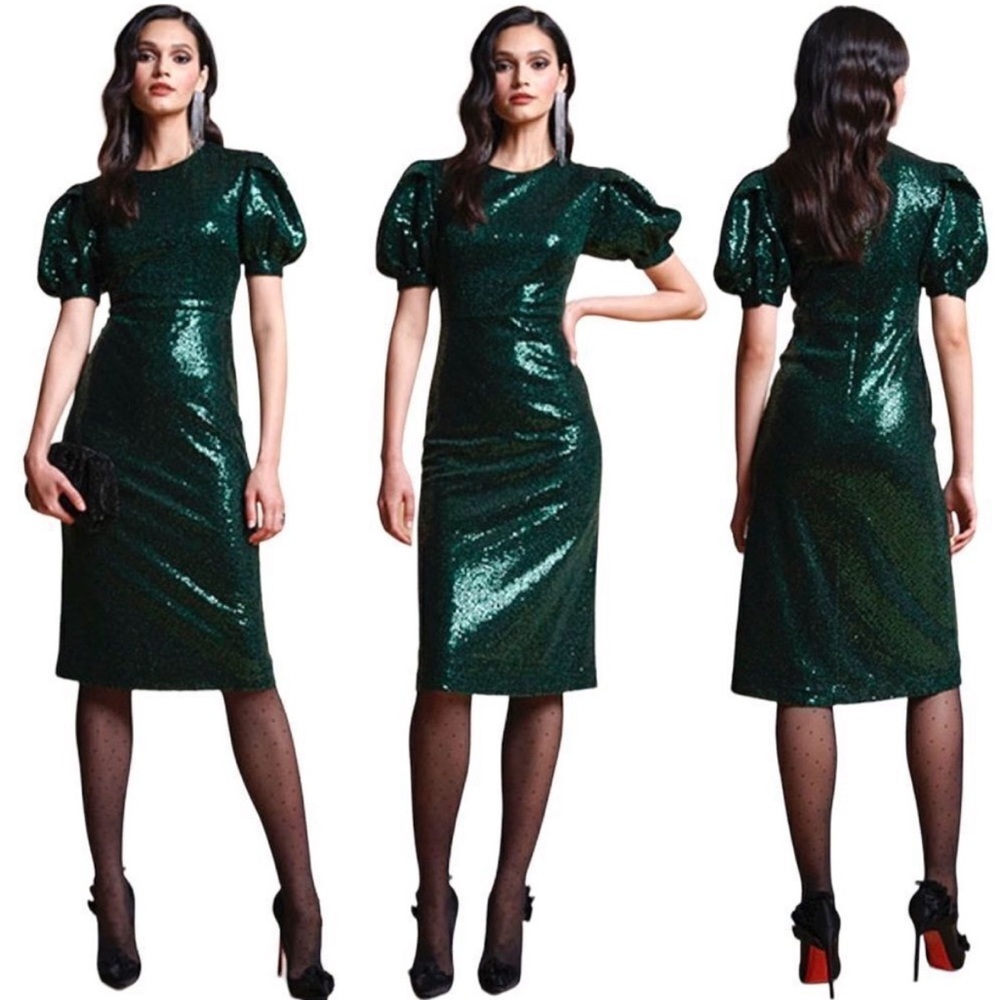 Rachel Parcell Bias Sequin Short Puff Sleeve Dress Green Medium